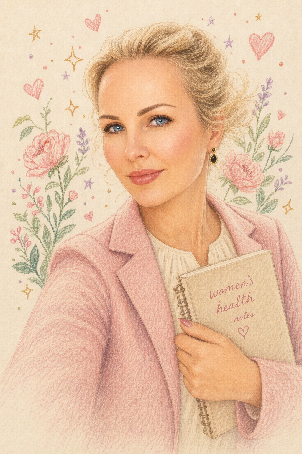 Hand-drawn illustration of a calm young woman with the MyGyno app